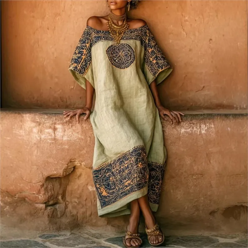 

New Ethnic Sexy Off Shoulder Hollow Out Long Dress Woman Geometric Print Pocket Loose Maxi Dress Summer Casual Vacation Dress