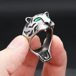 Vintage Unique Stainless Steel Tiger Rings For Men Women Punk Biker Green Stone Eyes Animal Ring Fashion Creative Jewelry Gifts