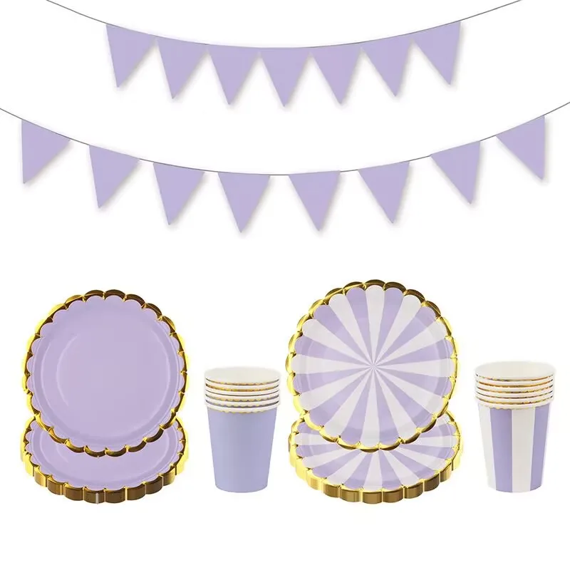 New Gold Foil Lace Purple Party Disposable Tableware, Baby Shower, Wedding Party Decoration, Children's and Adult Birthday Party