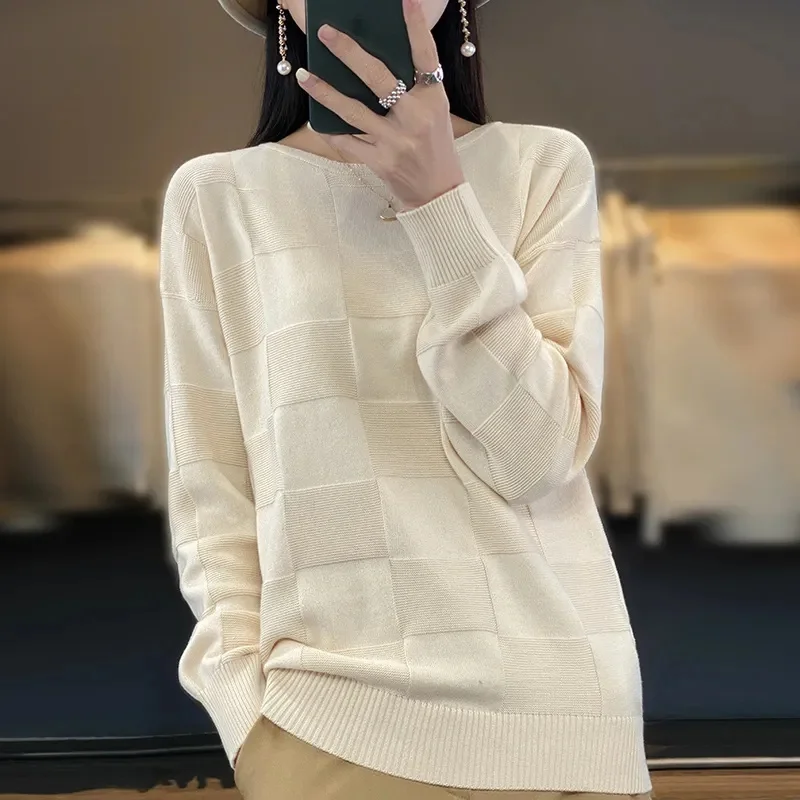 

Осень-зима, новый женский мягкий свитер из 100% хлопка, пуловер с круглым воротником и квадратным узором, свободный модный трикотаж, повседневный базовый топ