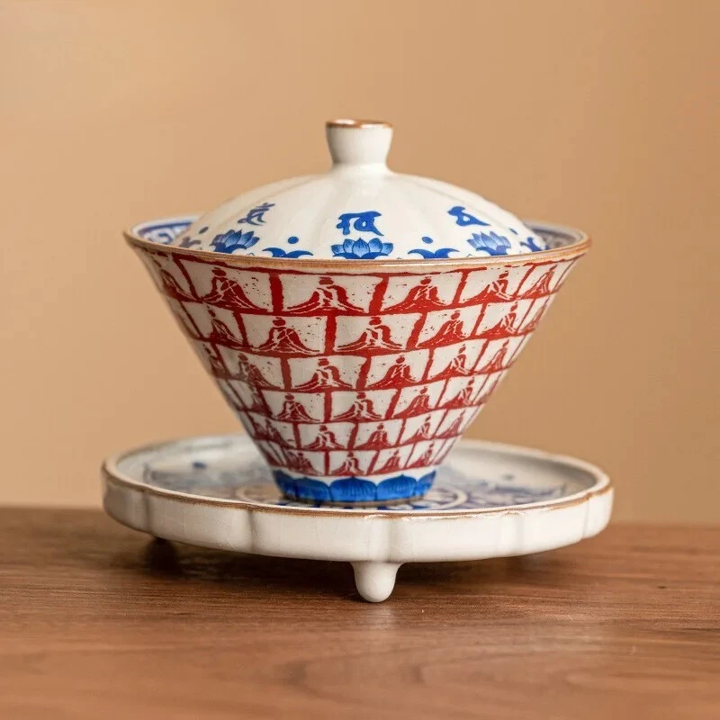 

150ml High End Ru Kiln Porcelain Gaiwan Thousand Buddhas Cone Anti Scalding Tea Tureen Tea Maker Cover Bowl Teaware Collection