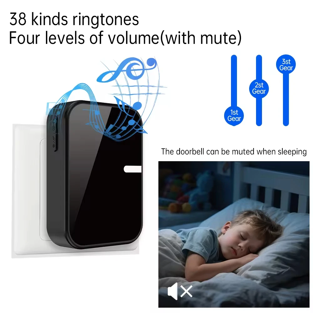 Campanello wireless certificato SIXWGH di nero Avviso impermeabile senza batteria per kit da 1 a 2 appartamenti, uffici e camere d'albergo