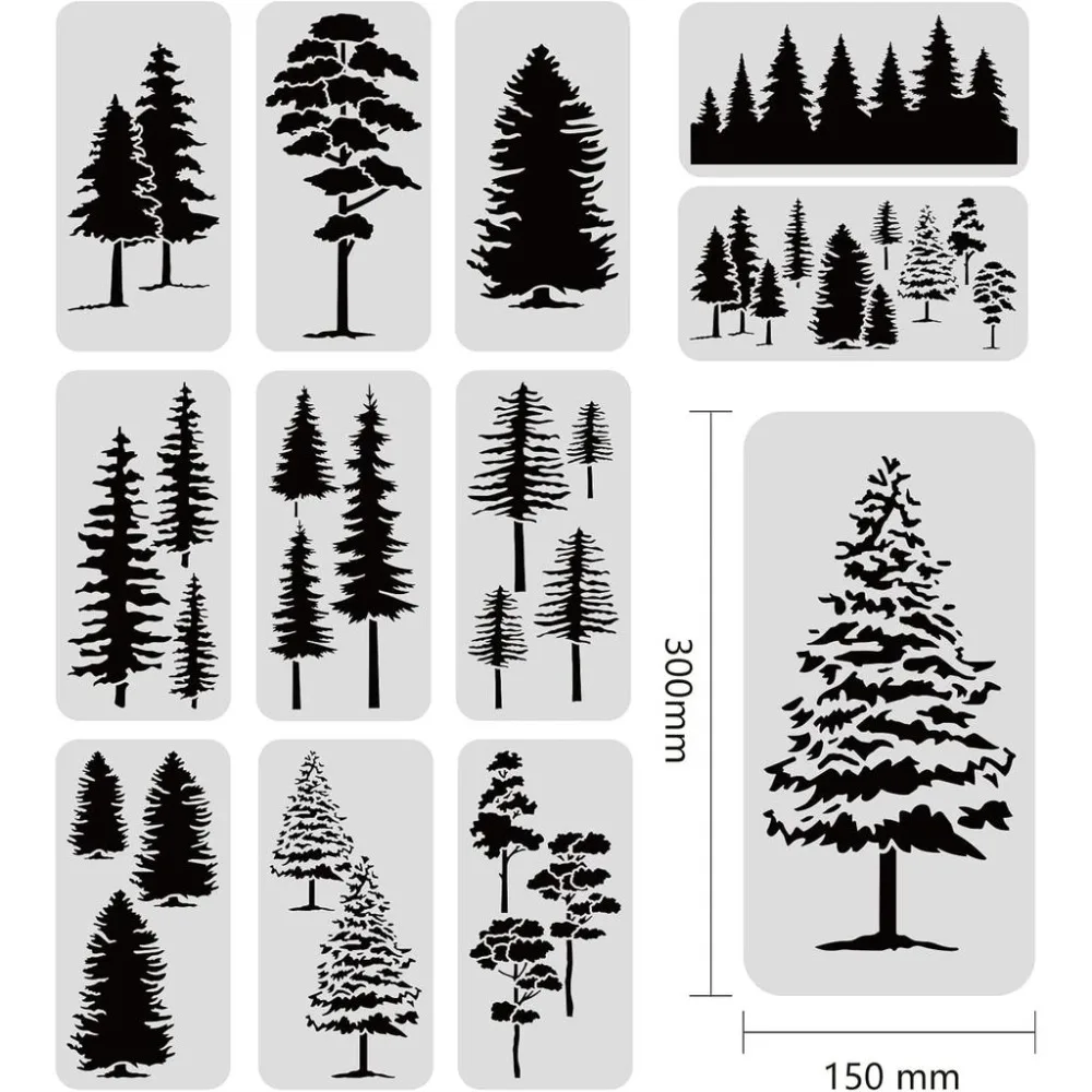 12pcs Pine and Fir Tree Stencil Set 5.9x12 inch Reusable Winter Theme Plastic Art Painting Templates for Scrapbook Decoration