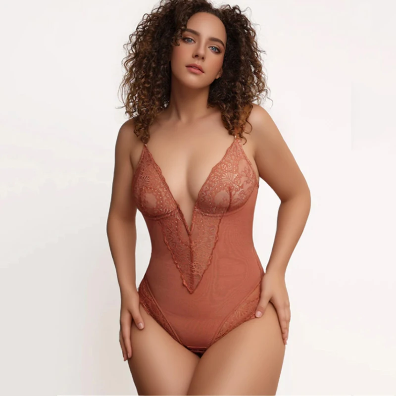 

V Plunge Tummy Control Lace Shapesuit Hip Padding Full Compression One Piece Jumpsuit Bodysuits Shapewear for Women Shaper