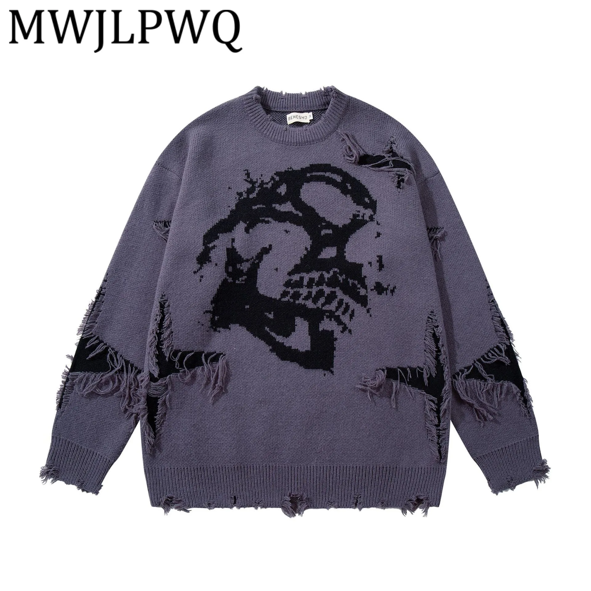 

MWJLPWQ Men's American Hip-Hop Printed Thick Knitted Sweater Men High Street Round Collar Trendy Distressed Tops 2025 New 21740