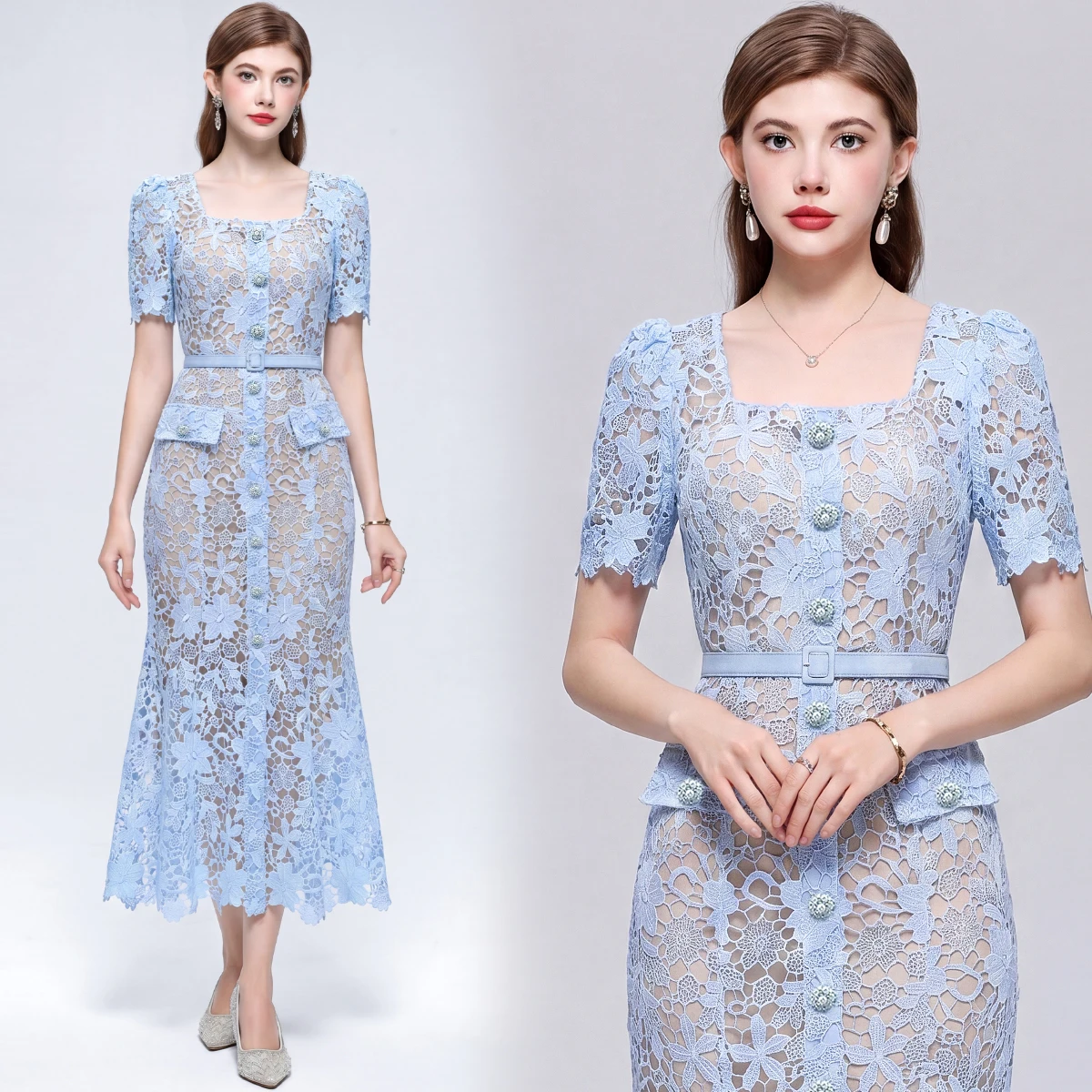 Hebe Style Luxury Hollow out Lace Dress Square Collar Slimming High Waist Fish Tail Skirt with Belt mid Length a Line Dress