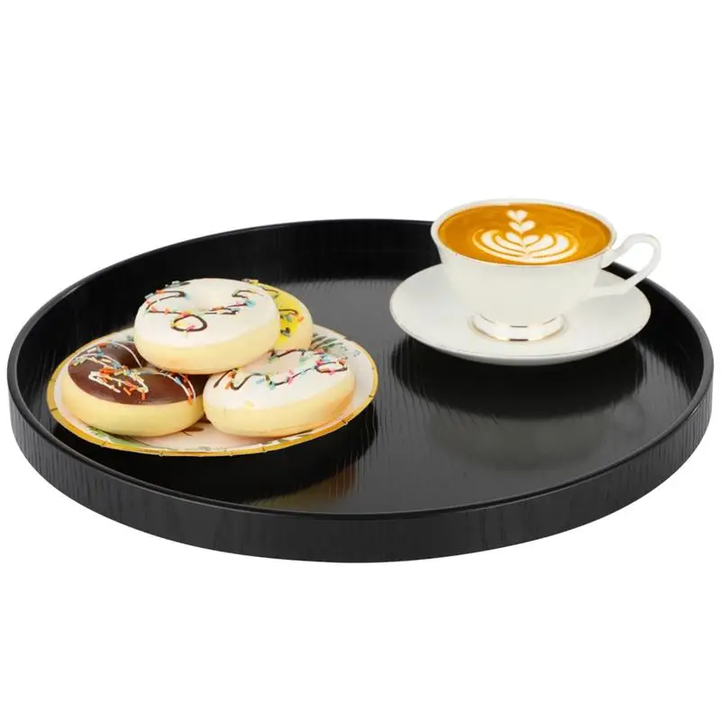 Round Wood Tray Solid Wood Serving Tray Non-Slip Round Tea Tray Food Meals Serving Tray Raised Edges Kitchen Bar Serving Tray