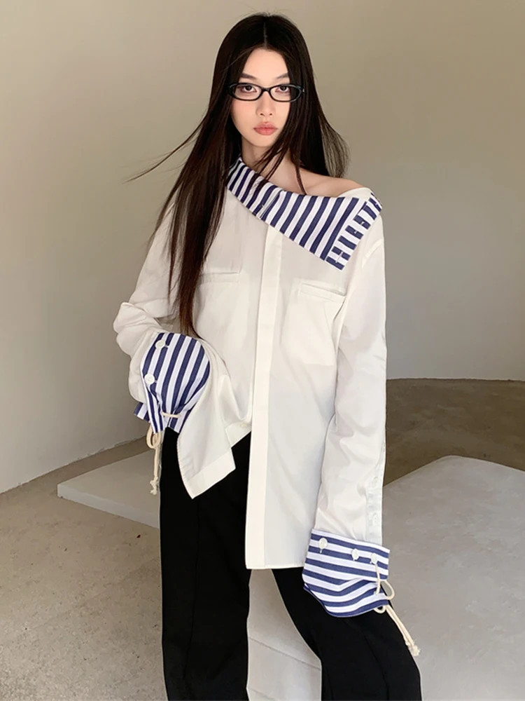 QOERLIN Spring Fall Sailor Collar Asymmetrical Shirts Women Elegant Office Ladies Patchwork Blouse Long Sleeve Tops White Shirt