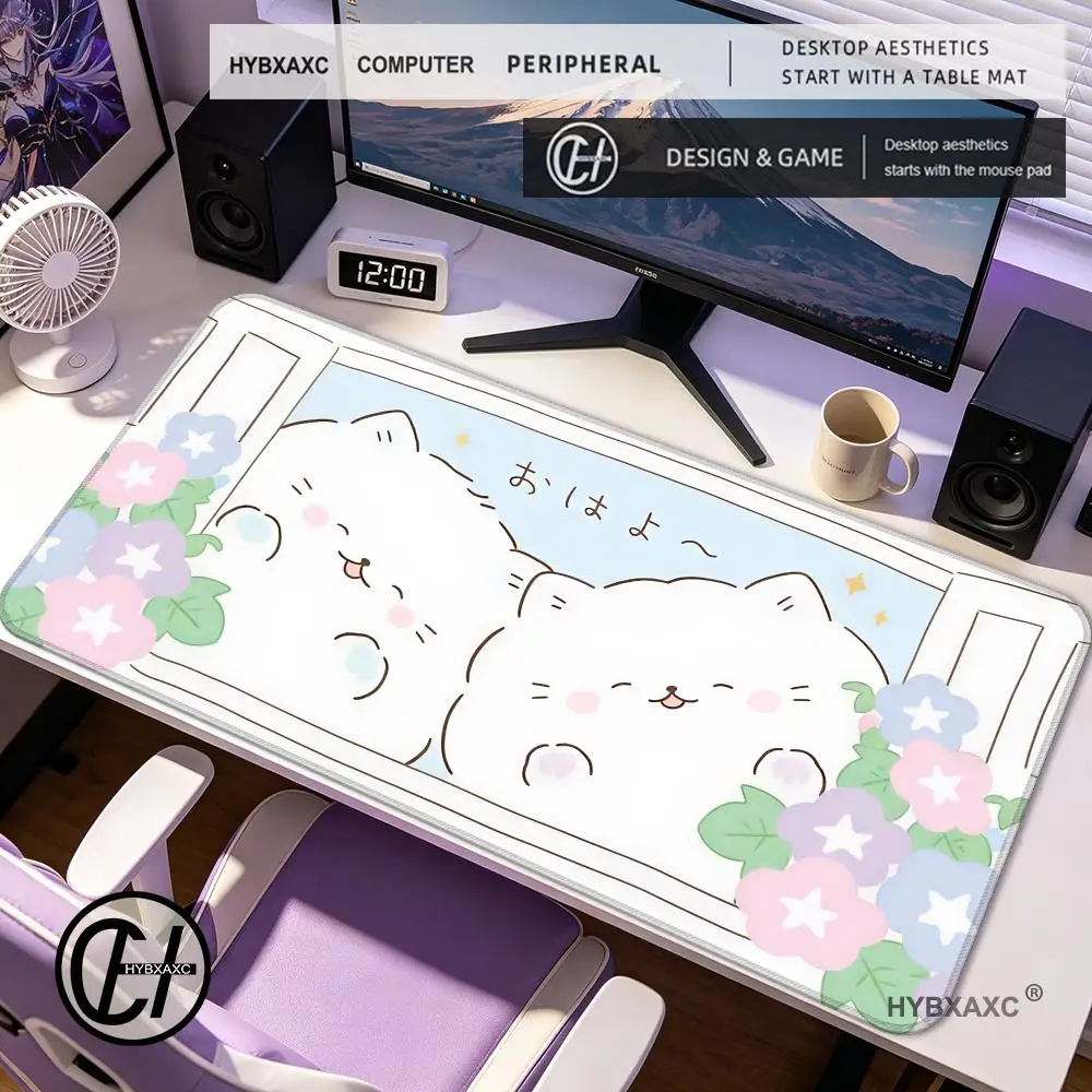 Soft Pastel Cloud Kitty Large Mouse Pad Aesthetic Sweet Floral Kitten Desk Mat Non Slip Waterproof Keyboard Mat Cute Decor