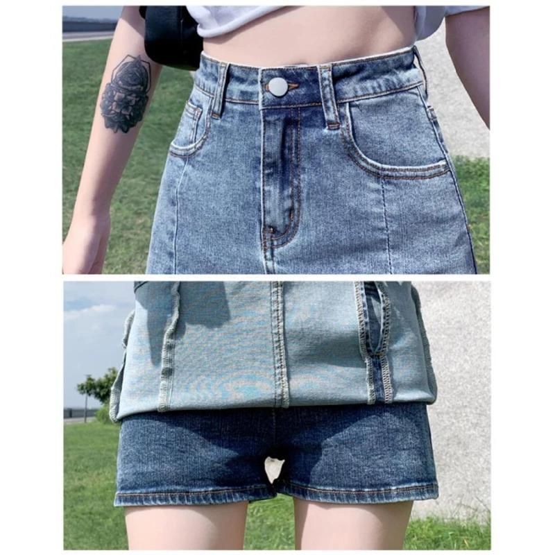 Saia curta coreana jeans de cintura alta feminina, verão, sexy, apertada, bolsa, quadril, calça linha A, fenda, nova, 2022