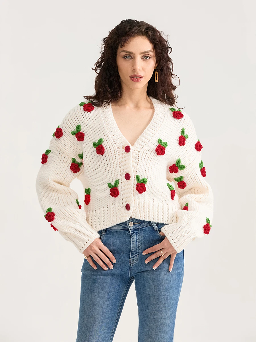 Women Knit Cardigan Fall Winter Warm Long Sleeve Flowers Button Closure Sweater Female Autumn Casual Knitwear Coat Streetwear