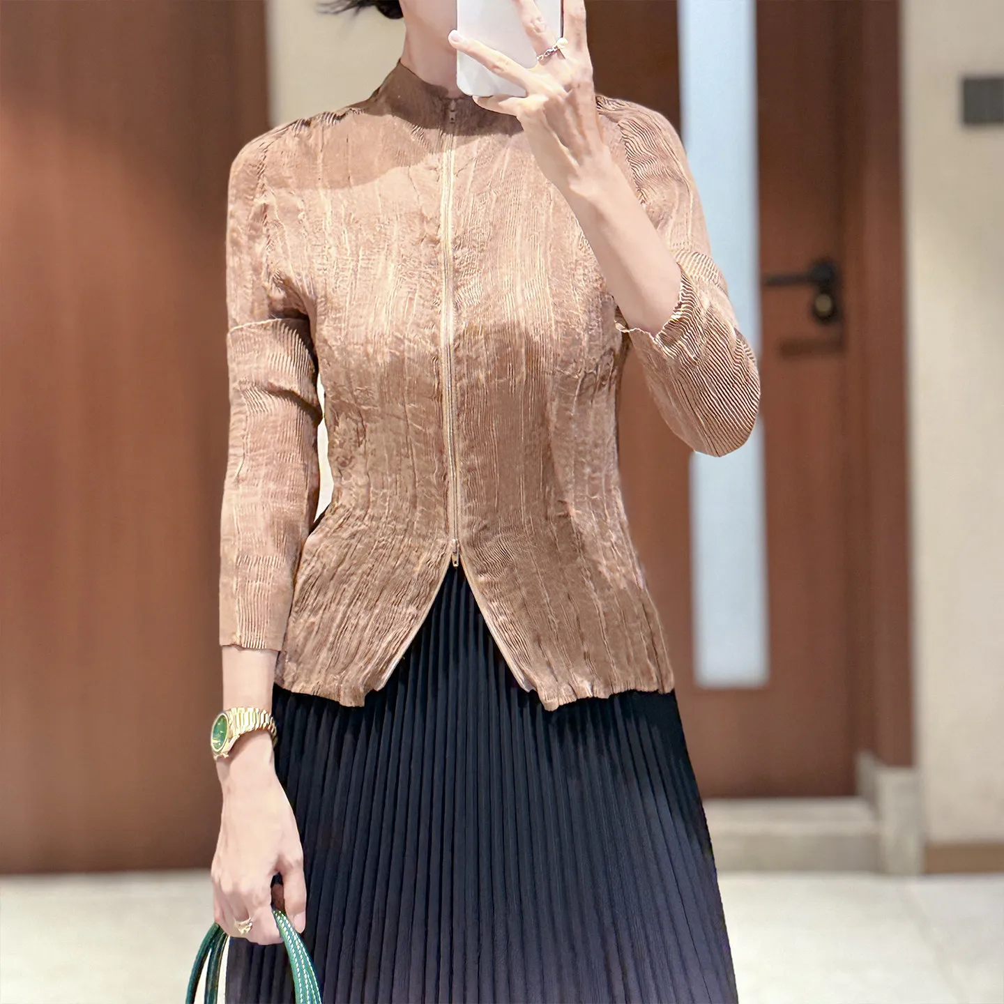 

Women Thin Coat Solid Color Stand Up Collar Zipper Long Sleeved Slim Fit Lightweight Coat Elegant Office Party Daily Casual Top