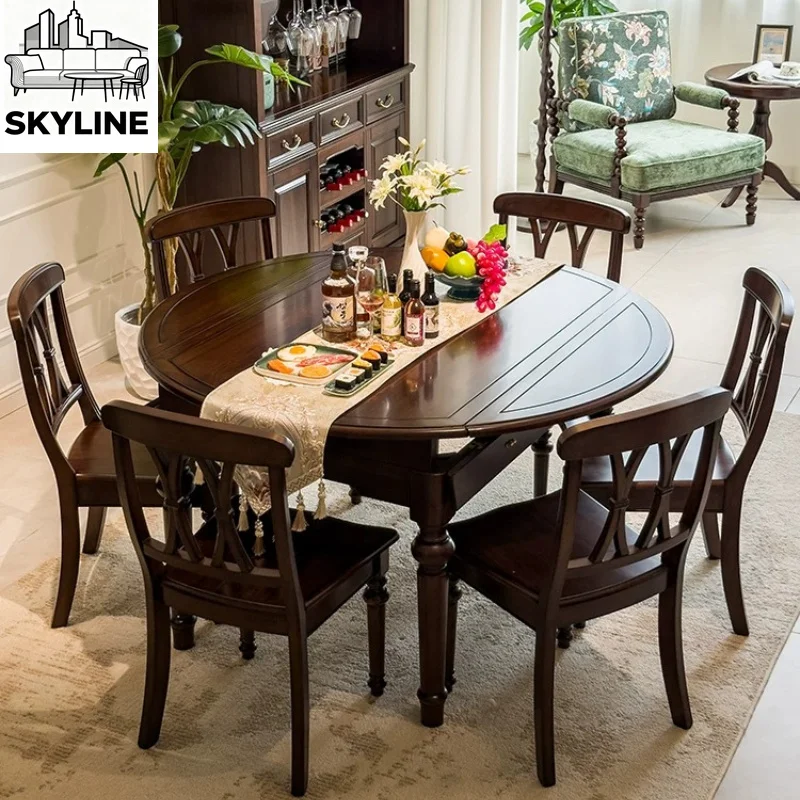 Retro Extendable Round Dining Table Set, Antique Folding Table with 6 Chairs for Restaurant Kitchen