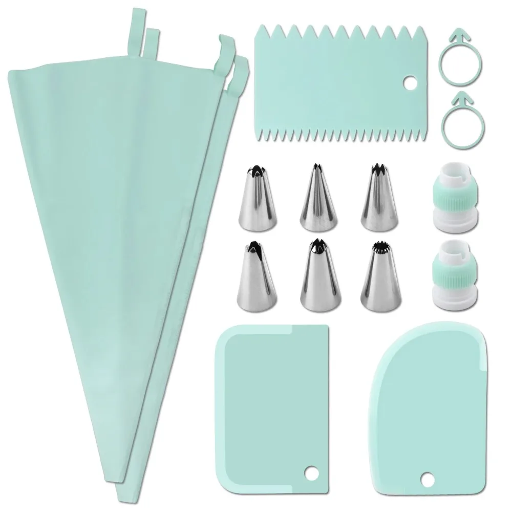 15PCS Stainless Steel Decorative Nozzle Set Plastic Scraper Flower Bag Cream Spatula Reusable Household Kitchen Baking Tools