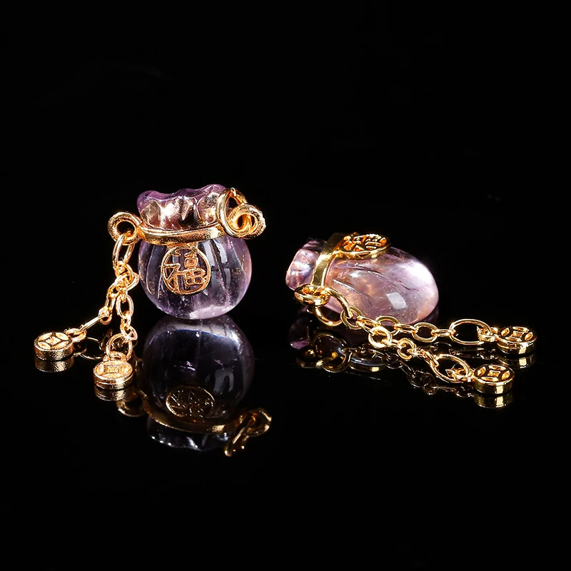 1 Pc Natural Amethyst Lucky Bag Chinese Fu Character Copper Buckle Pendant For Jewelry Making Diy Necklace Bracelet Accessroy