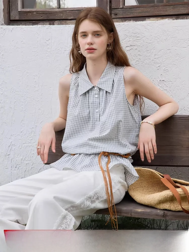 

Cute Casual Sle Women's Svel irt Summer 2025 New Plaid Design Sense Top Dstring Hem Pleated A-Line Silhouette