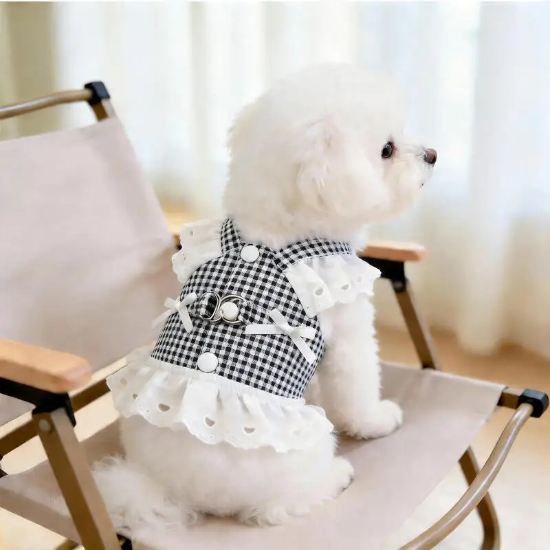 Dog Harness Dress for Small Dogs Lace Plaid Puppy Harness Vest Adjustable Walking Outfit Cute Pet For Breed Chihuahua Clothe - view 4