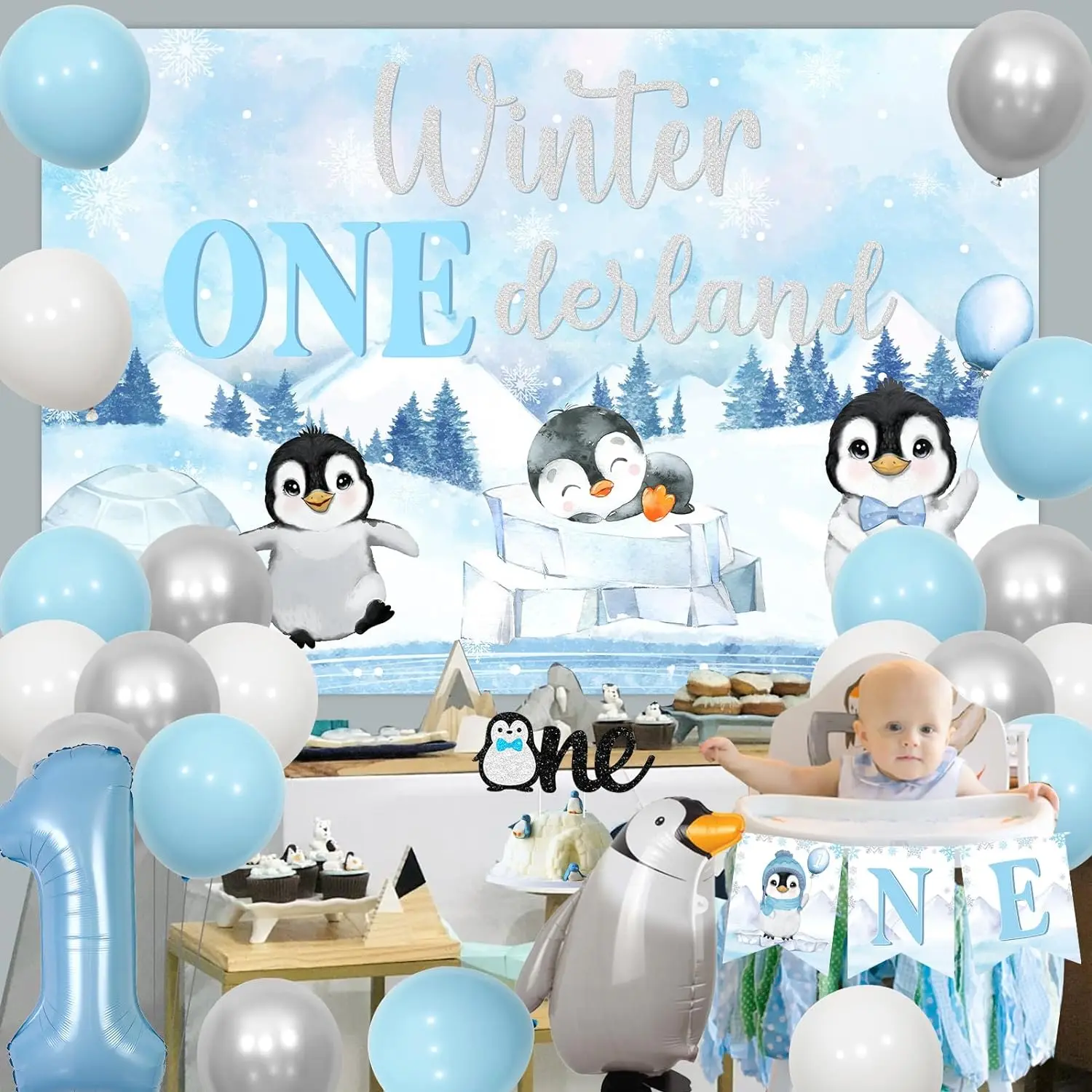 Winter Penguin First Birthday Decor Winter Onederland background seggiolone Banner Cake Topper per Winter Snow 1st Birthday Party