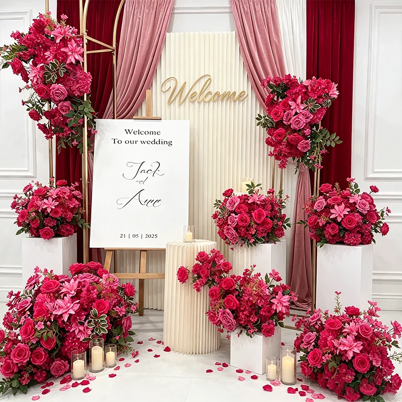 Knallrosa Blumenreihe Hortensie Pompom Rose 5D Hochzeits-Hintergrund Hängender Blumenbogen Bankett-Bodenblume Party-Requisite Schaufensterdekoration – Detail 1