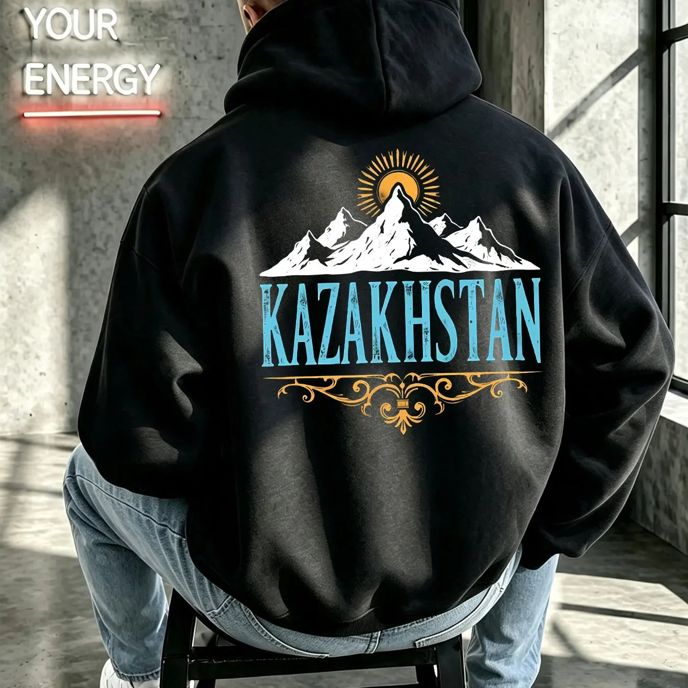 Trendiger Vintage Kasachstan Bergsonnen-Kunst Herren Pullover Hoodie Schneekopf-Dekorationsmuster Grafik Lässiger Kapuzenpullover – Detail 5