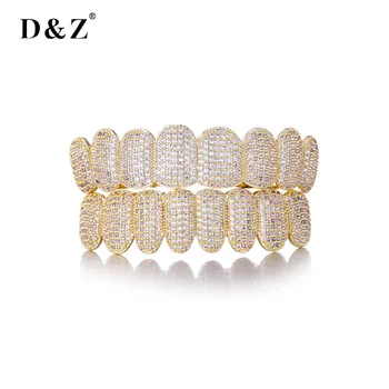 D&amp;Z New Teeth Grillz Prong with Bling AAA CubicStones Silver Color Set of Eight Top and Bottom Vampire Grills