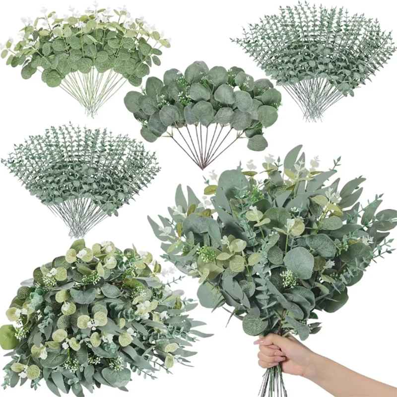 30Pcs Artificial Eucalyptus Leaf Stems Green Plants Garden Home Room Decoration Bride Wedding Decor Christmas Flowers Bouquets