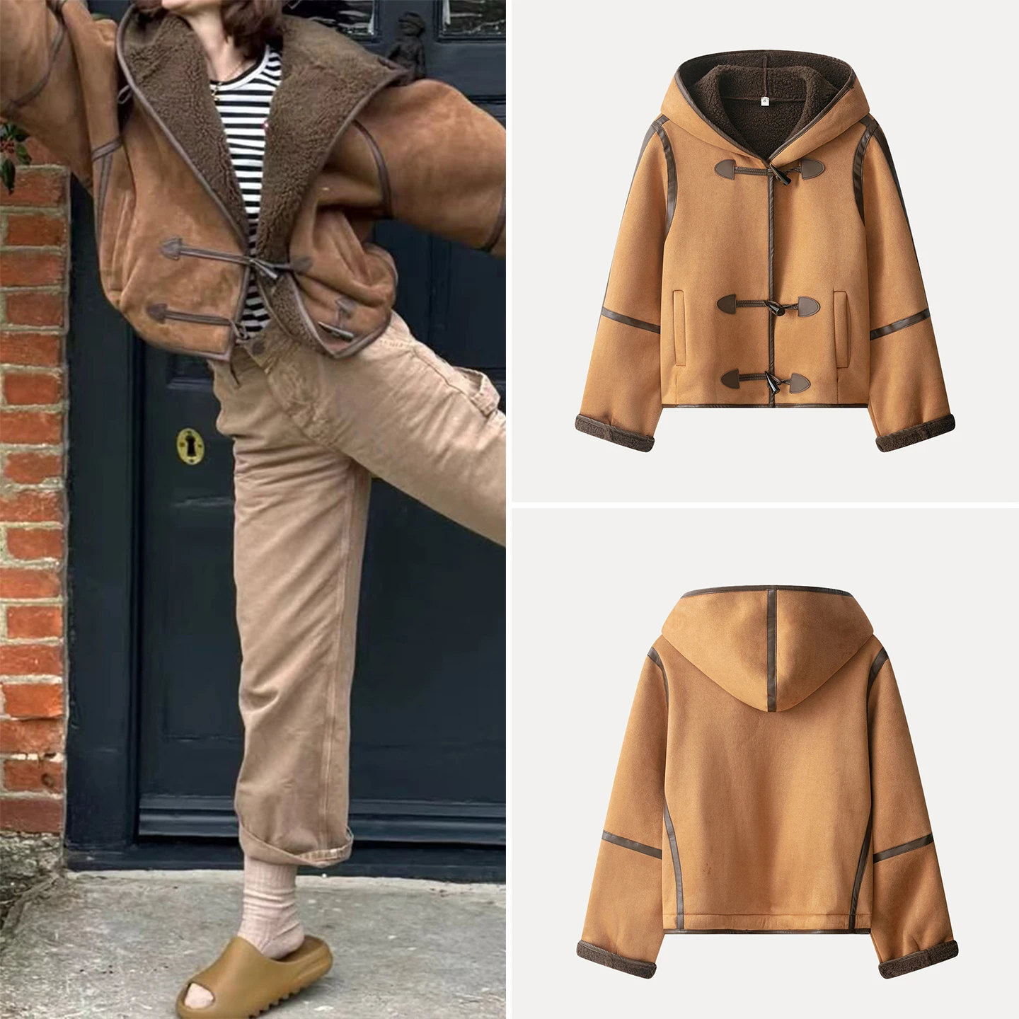 

Ele Autumn 2025 Women's Faion Leather And Fur Coat with Hood Button Detail Stand Fit Long Sve European Sle