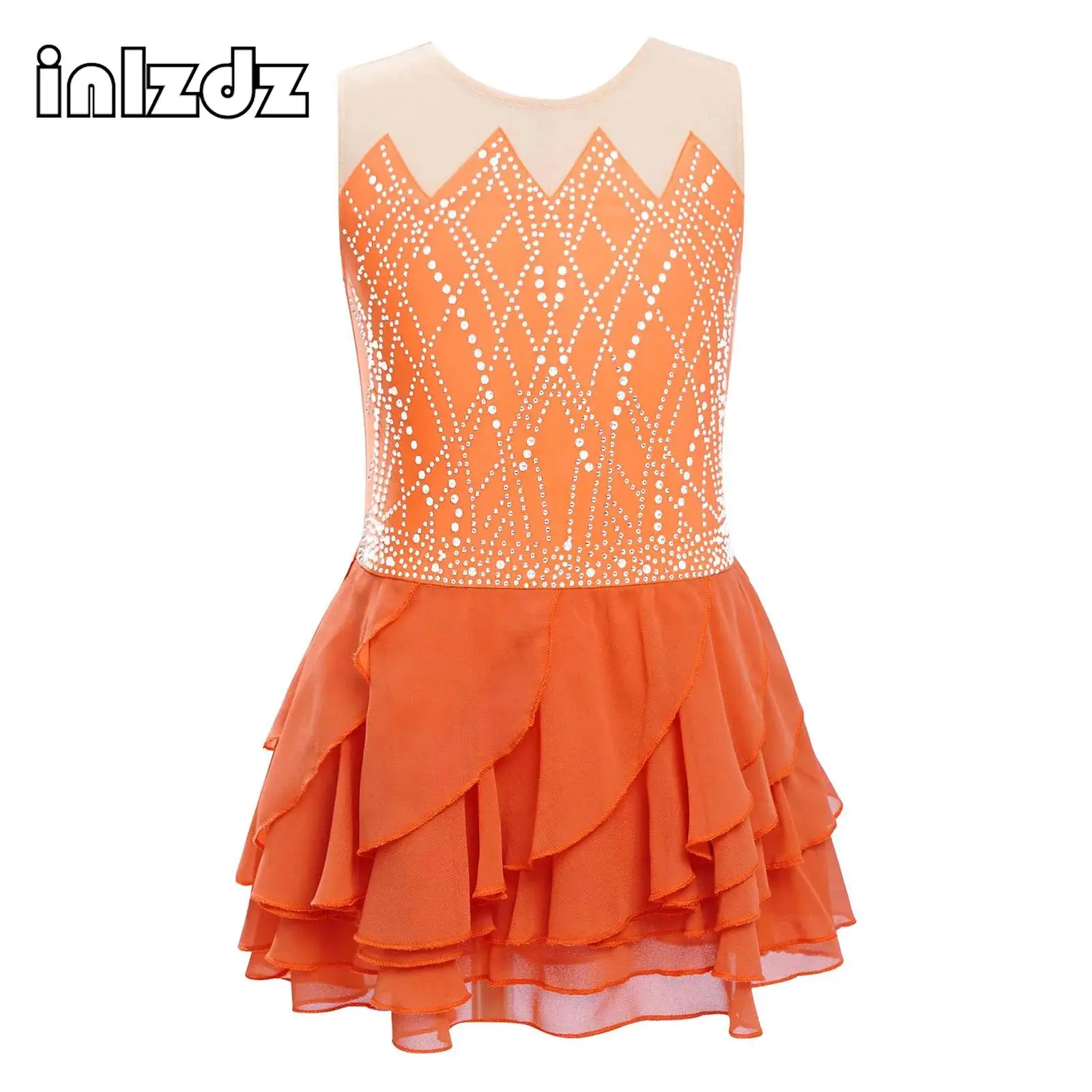 

Sleeveless Figure Skating Lyrical Dance Dress Costume for Kids Girl Shiny Rhinestones Tiered Ruffled Dress Performance Dancewear