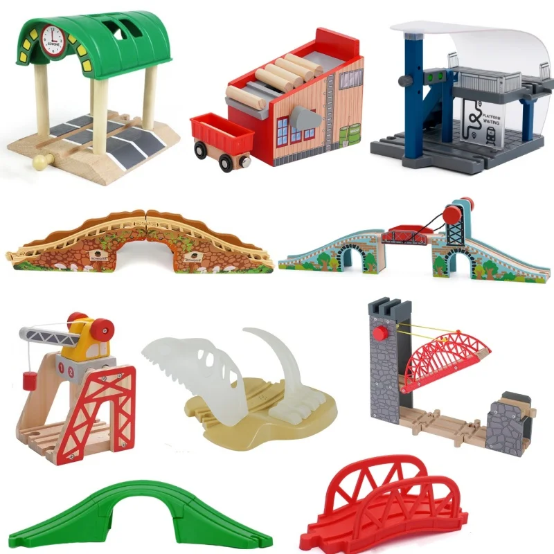 Beech Wood Railway Tracks Wooden Track Accessories Bridge Train Station Tunnel Cross Wood Track Educational Toys for Kids