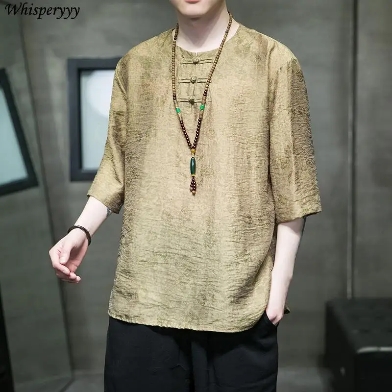 

Chinese Style O Neck Disc Button Linen T-shirt Men's Clothing Hanfu Short-sleeved Shirt Male Summer Thin Vintage Tang Suit Tops