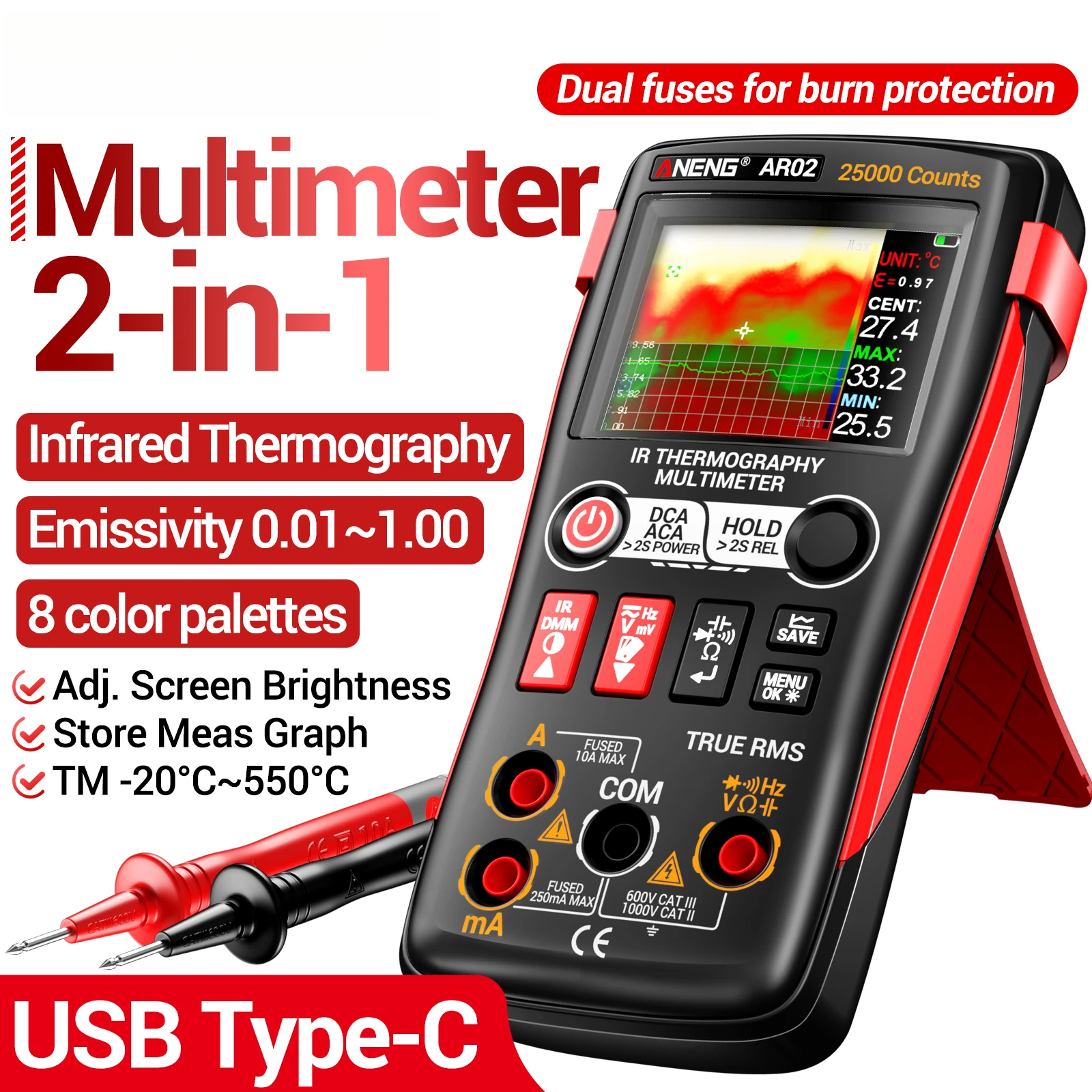 

ANENG AR02 2 in1 Multimeter Thermal Imager infrared Thermometer 240×240 IR Resolution 96×96 IR Sensor-20°C~150°C Temperature