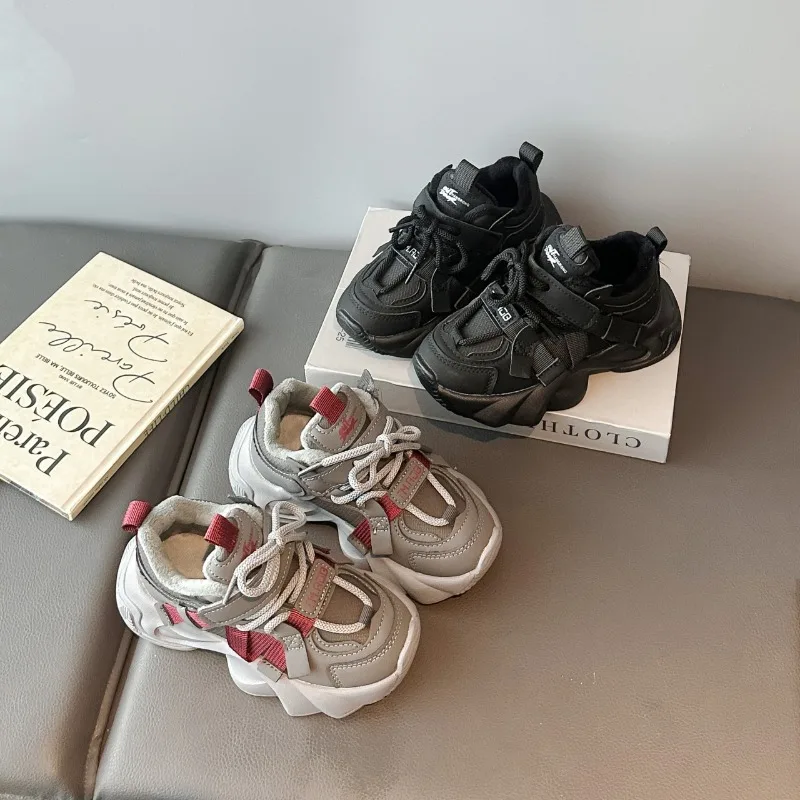 

2024, спортивная обувь из искусственного меха для детей, детские плюшевые кроссовки, нескользящая хлопковая обувь для мальчиков и девочек, зимняя обувь