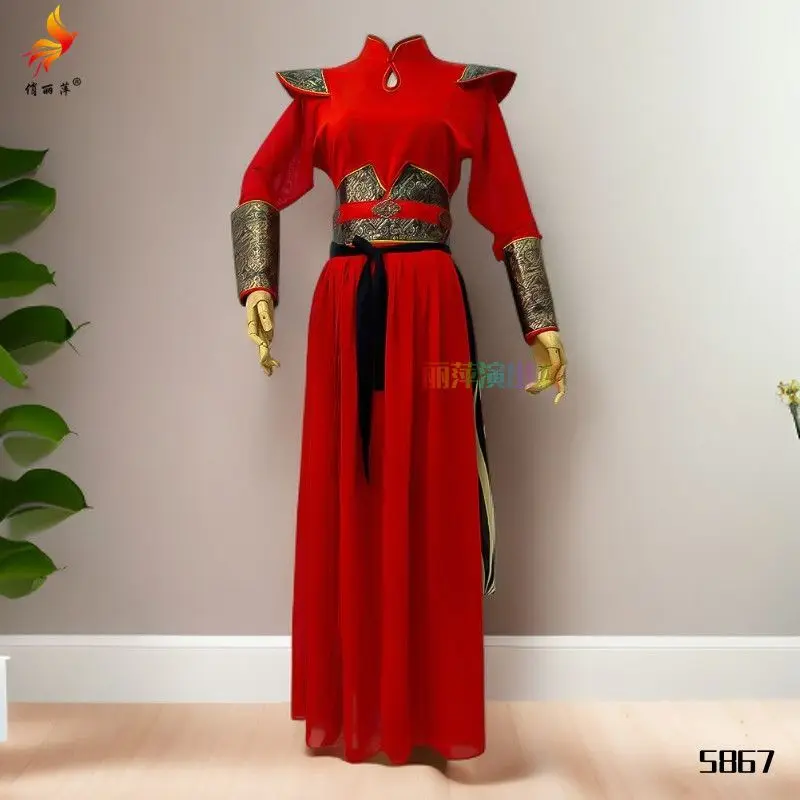 Starożytny Kostium Kobiecego Bohatera Zestaw Występowy Strój Perkusyjny Świąteczny Wspaniały Gong i Bęben Kostium Sceniczny Fan hanfu Sukienka do Tańca