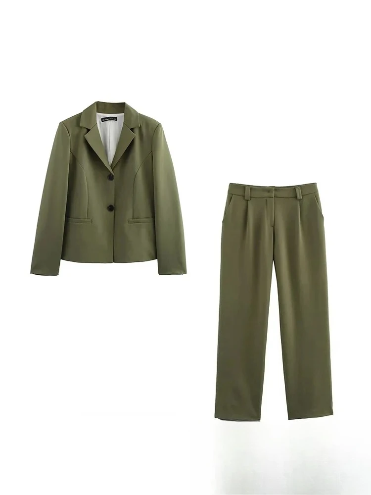 

KONDALA Винтажный шикарный однотонный женский зеленый однотонный костюм с v-образным вырезом, однобортный пиджак с карманами, брюки, новая мода 2025 г., офисные женские комплекты