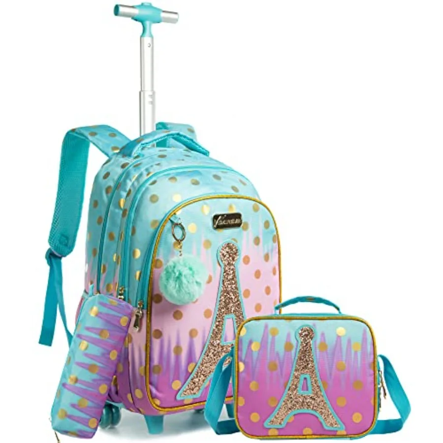 

Rolling Backpack for Girls Rolling Backpacks with Wheels Trolley Trip Luggage for Elementary Student with Lunch Box