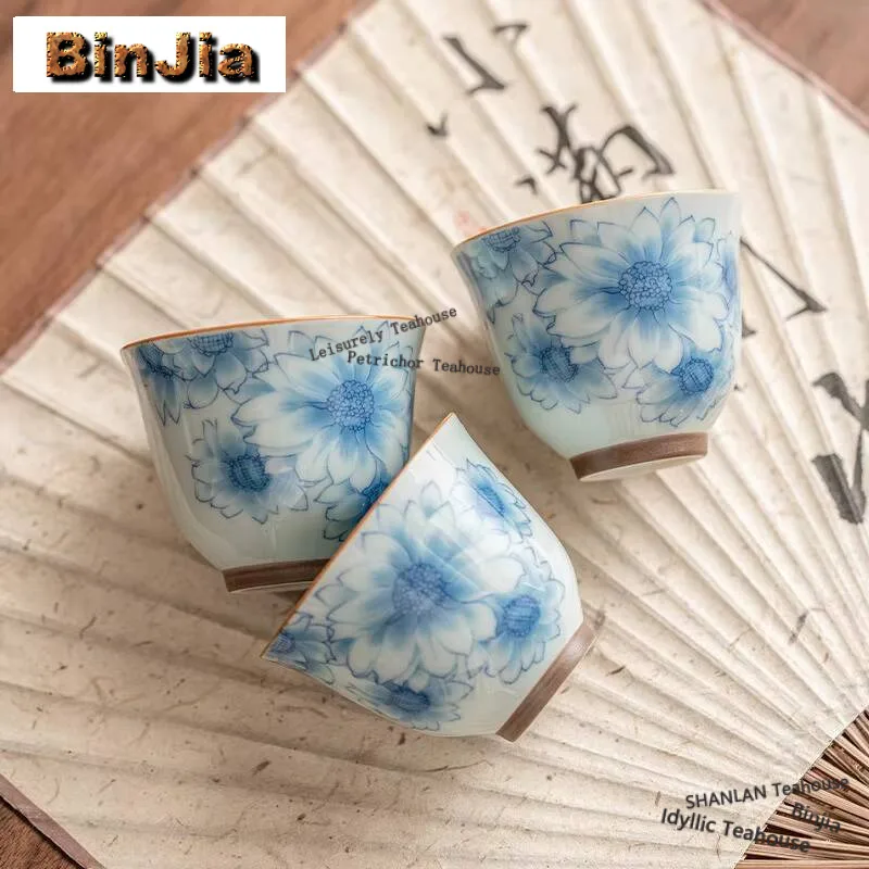 

Retro Blue And White Sunny Flower Ceramic Teacup Single Reverse Master Cup Tea Pair Chinese Personal Tea Bowl Kung Fu Teaset