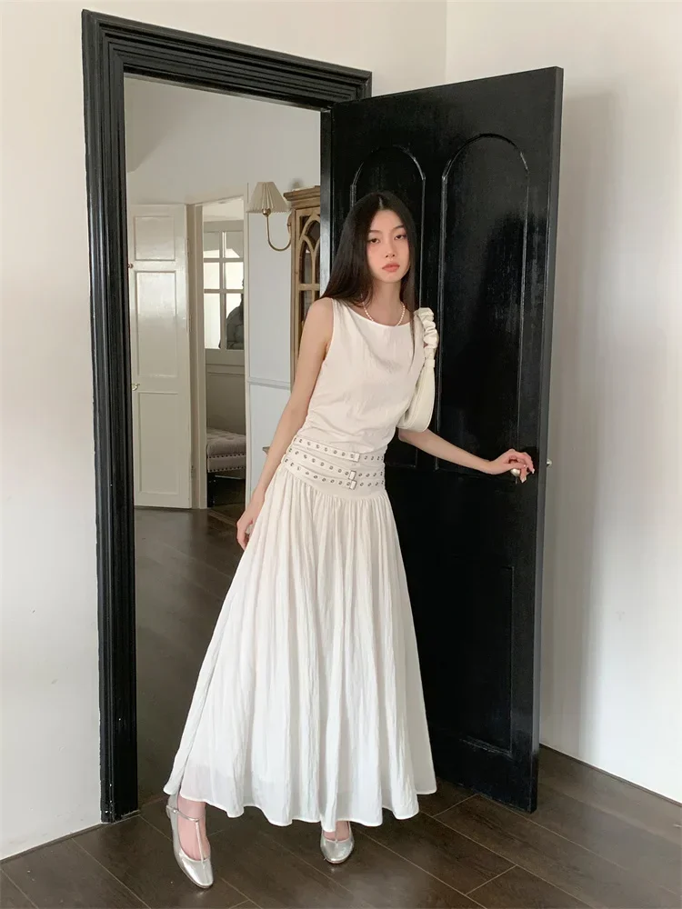 Harajuku Long Dreses Women Korean Style Belt Casual White Sleeveless Dress High Street A-line Cool Black Dress Vestidis Fiesta