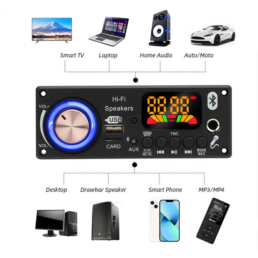 بلوتوث 5.3 MP3 فك مجلس مع 2*50 واط + 100 واط مكبر للصوت 7 فولت-24 فولت مشغل MP3 وحدة راديو FM TF USB ميكروفون سجل حر اليدين