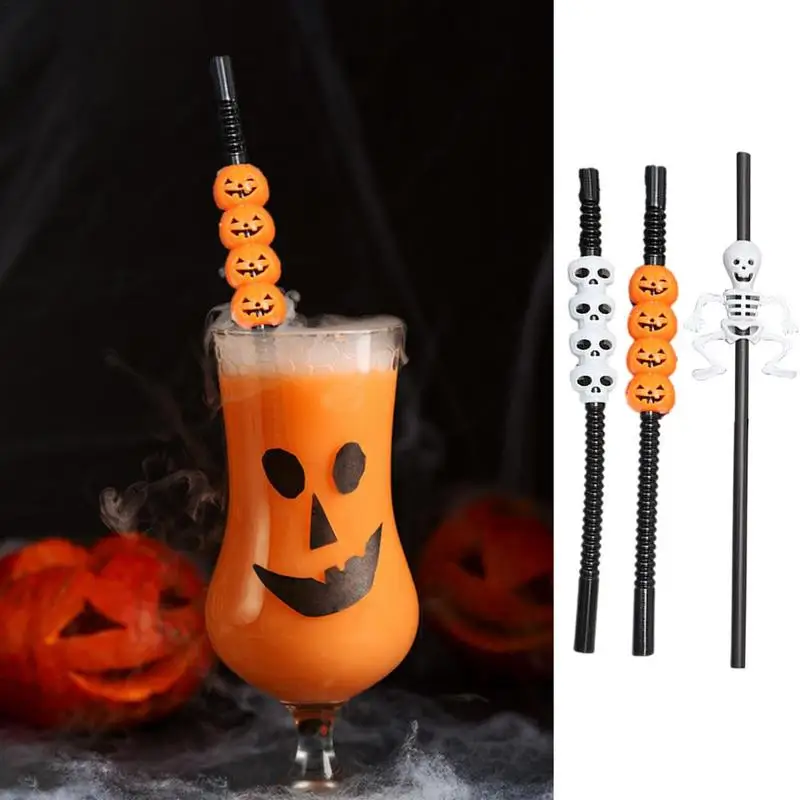 Halloween Pumpkin Straw Reusable Drinking Straws Safe Healthy Cute Shape Drinking Supplies Halloween Decorations Accessories