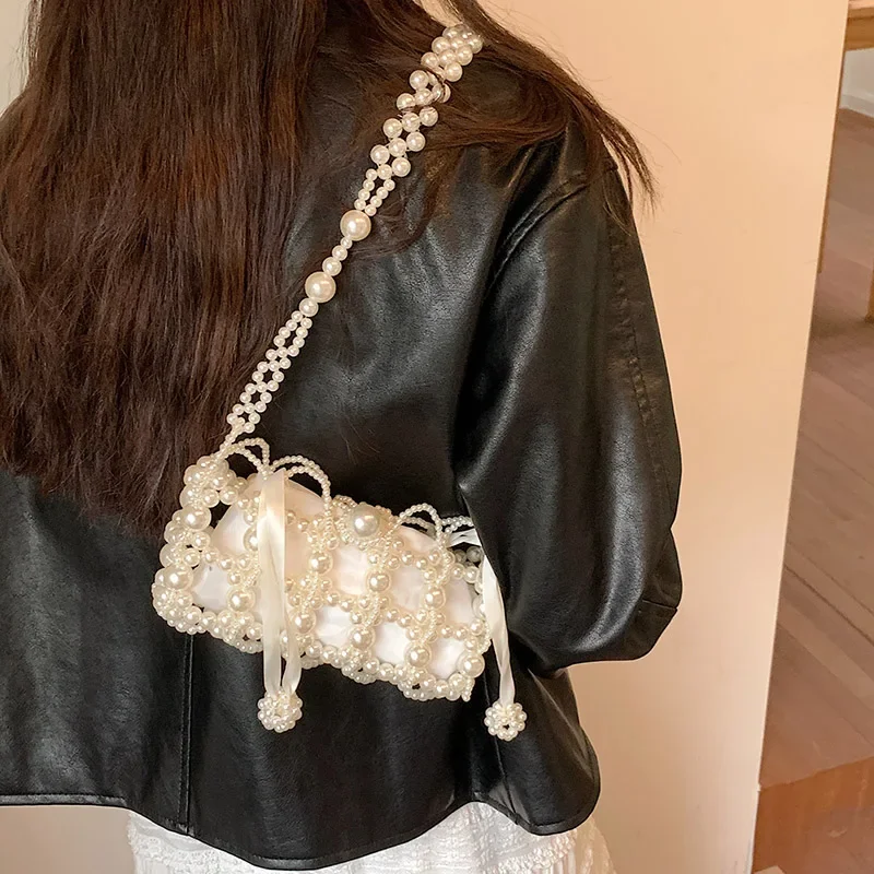 

Women Fashion Faux Peral Beaded Shouler Bags Solid Floral Print Mini Crossbody Bags Female Evening Party String Underarm Packs