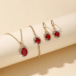 3 Pieces Light Luxury Rhinestone Oval Gemstone Necklace Earrings Bracelet Set Women Fashion Bridal Dress Banquet Decoration