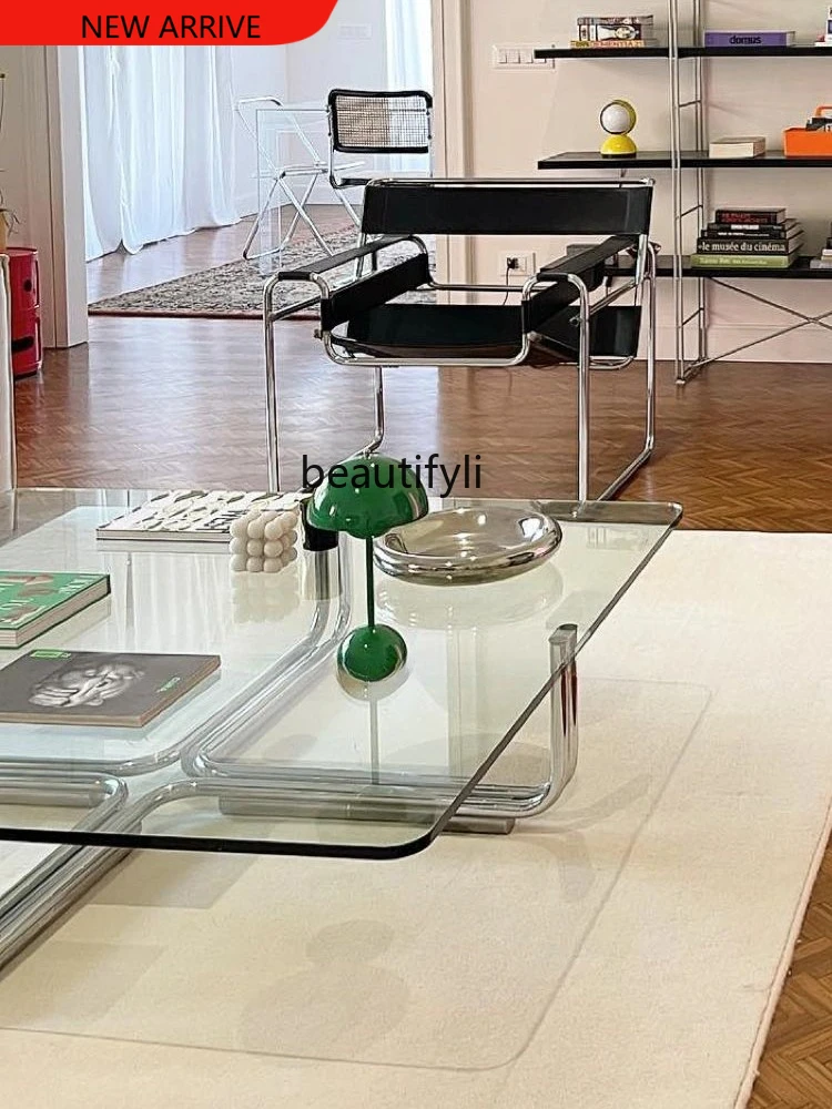 

Simple Transparent Square Glass Coffee Table Middle-Ancient Stainless Steel Low Table Designer Small Apartment Tea Table G1218