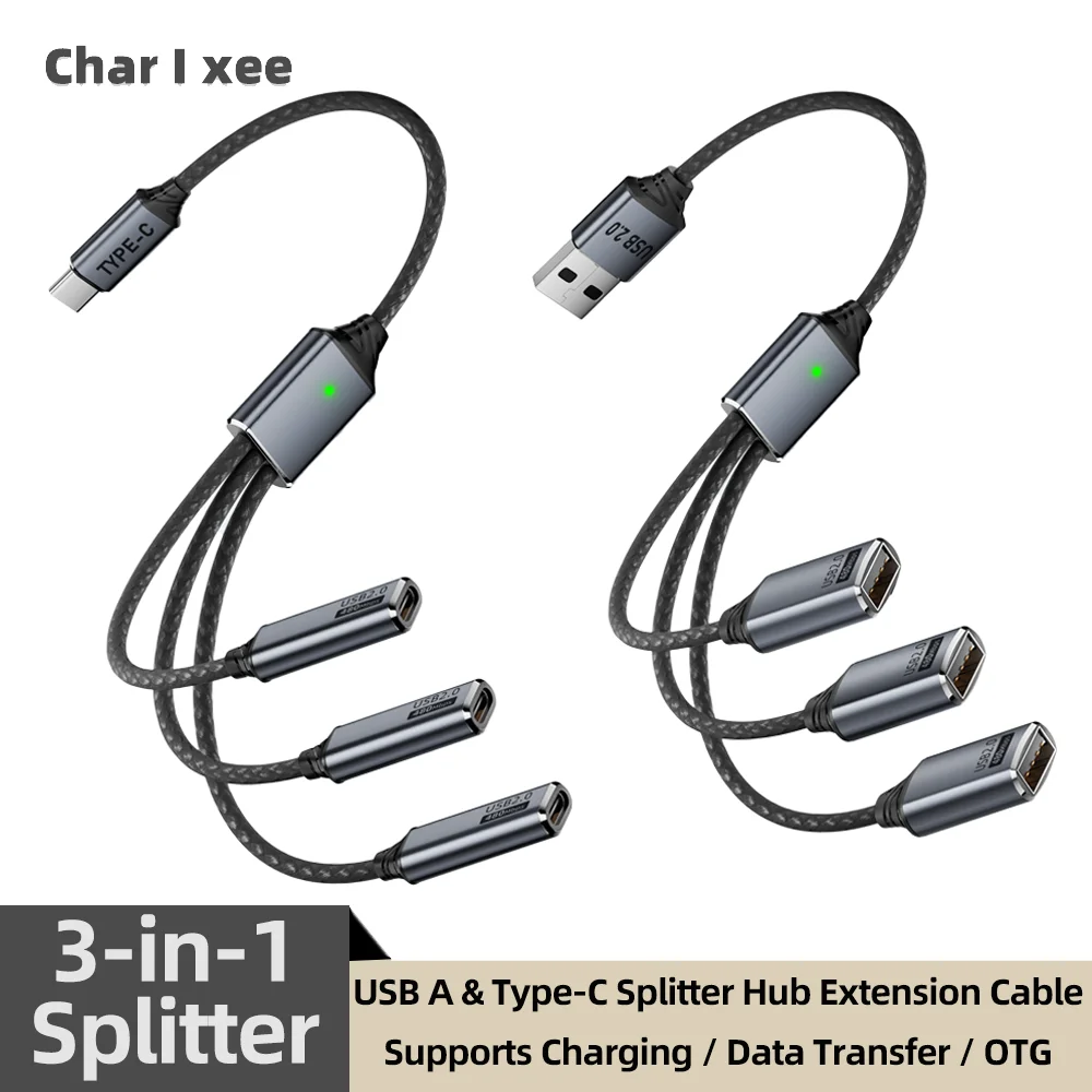 USB A and C 3 in 1 Splitter HUB Extension Cable Multi Port Expander OTG Adapter Tablet Fast Charging Sync