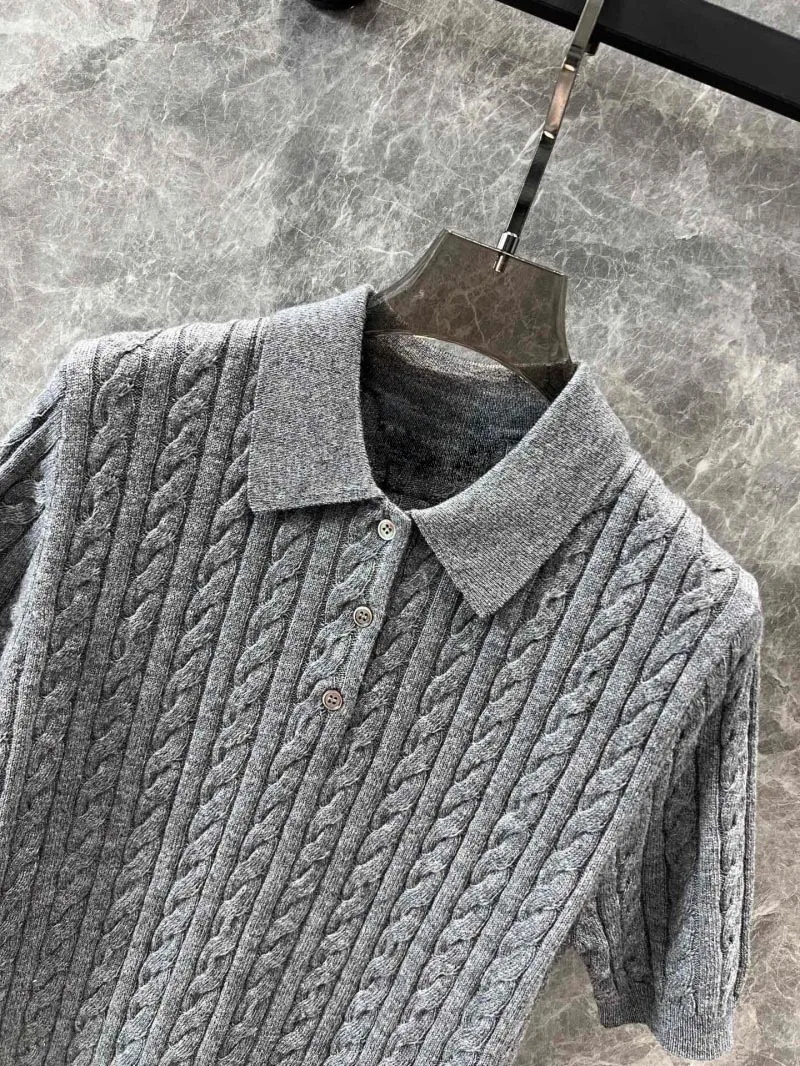 2024 New Autumn Women's Sweater Polo Collar Top Wool Cashmere Blended Short Sleeve Retro Twisted Bottom Knitted Versatile Hoodie