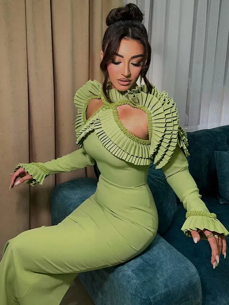 Ailigou 2024 New Women\'s Evening Dress Mermaid Green Sexy Hollow Ruffle Edge Pleated Long Zipper Back Robe Party Dress