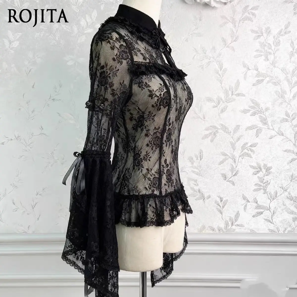 

Chinese Style Gothic Lolita Lace Blouse White Sheer Floral Bell Sleeve Top Lace Stitched White Sleeves Shirt Lolita Lace Top