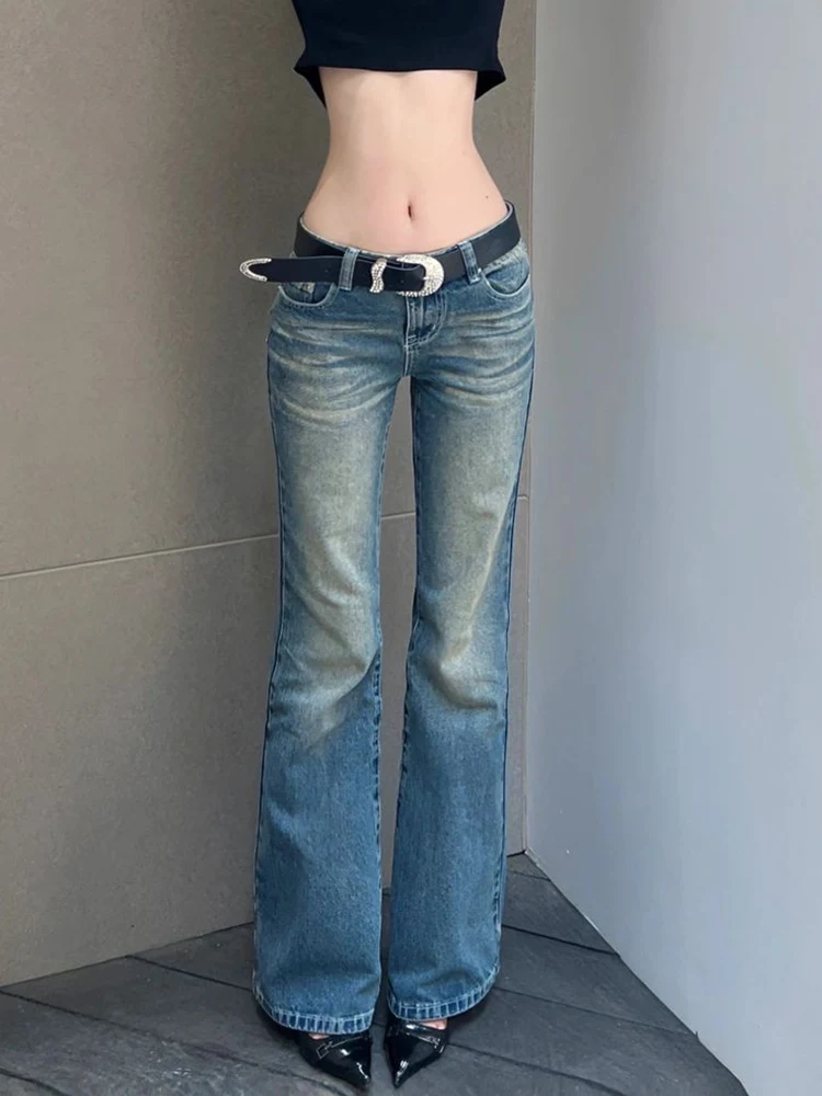 

American Retro Faded Low Waist Slimming Micro Flared Jeans Women's Spring Autumn Washed Extended Floor-Length Pants