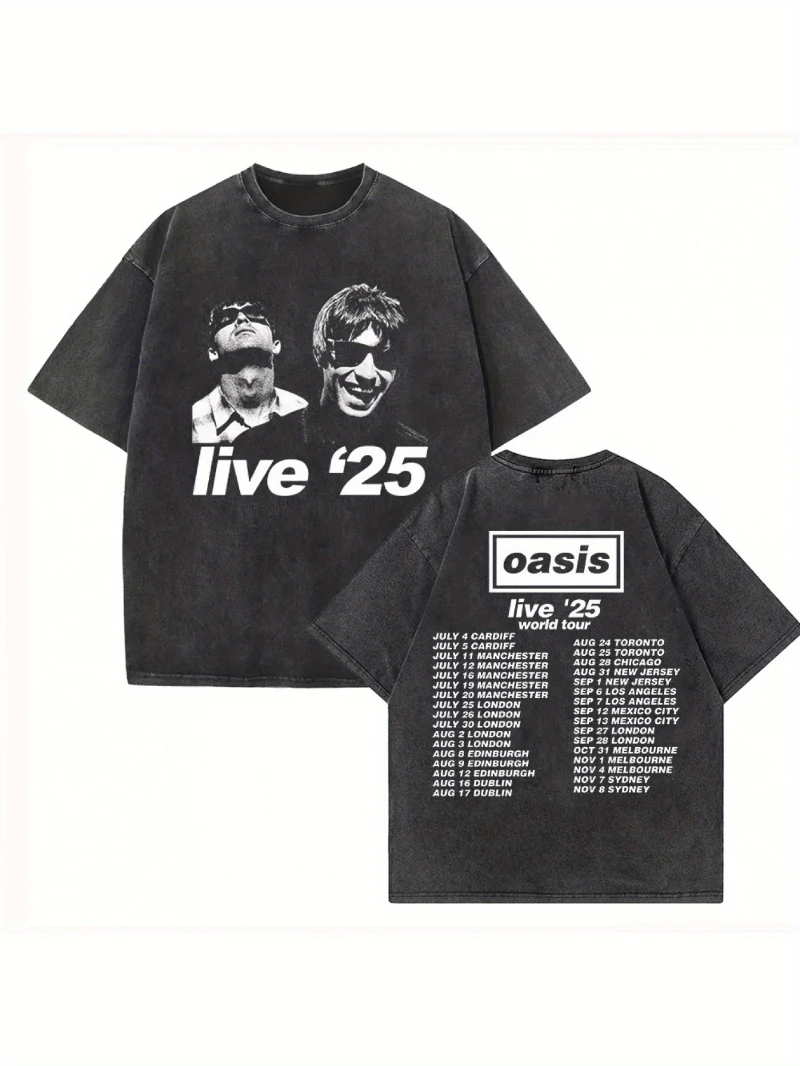 الرجال والنساء OASIS Live 25 2025 ريترو الصيف قصيرة الأكمام غسلها تي شيرت بالتأكيد ربما ألبوم فرقة الروك نمط الشارع