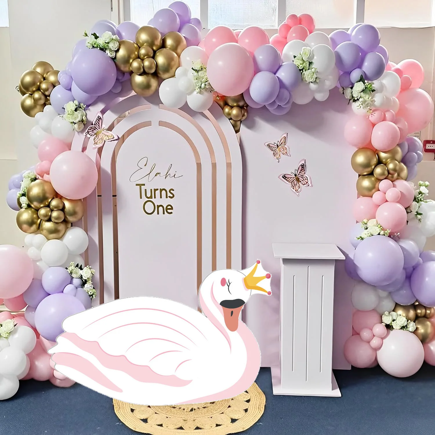 Pink Purple Balloons Garland Arch Kit Pink White Swan KT Board Cutouts for Girls 1st Princess Swan Birthday Baby Shower Decor