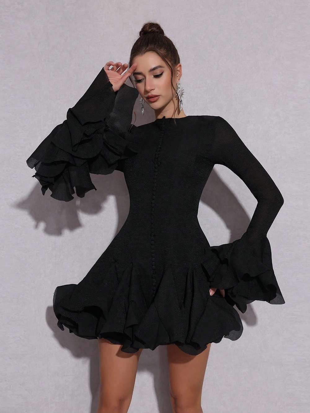 الصلبة تقسم زر التخسيس فساتين صغيرة للنساء س الرقبة طويلة الأكمام عالية الخصر المرقعة الكشكشة الإناث موضة جديدة 2025 #3